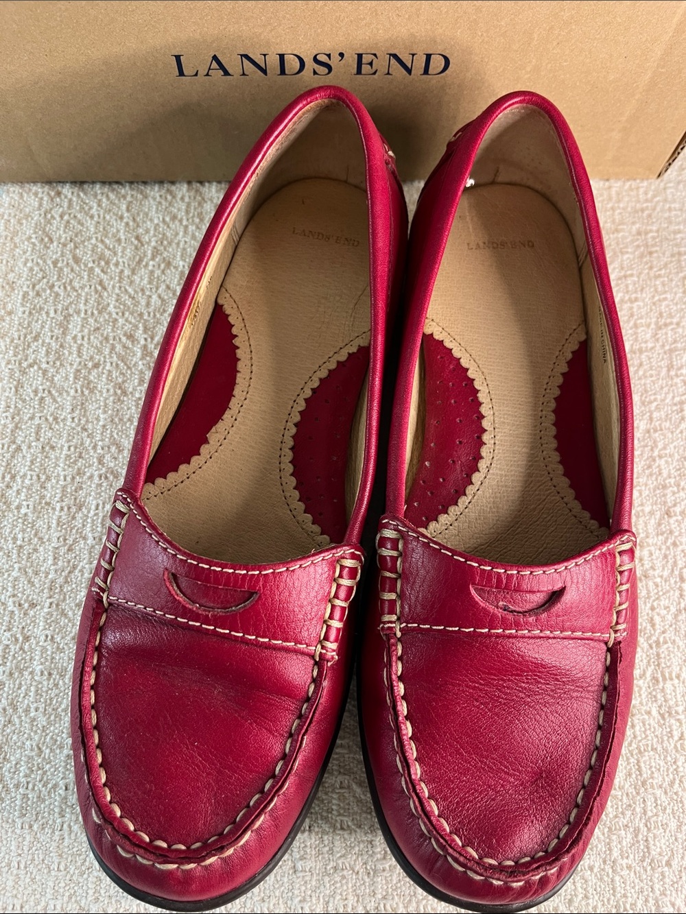 Lands' End Women's ruby red,  leather  Penny Loafers, size 7.5B
